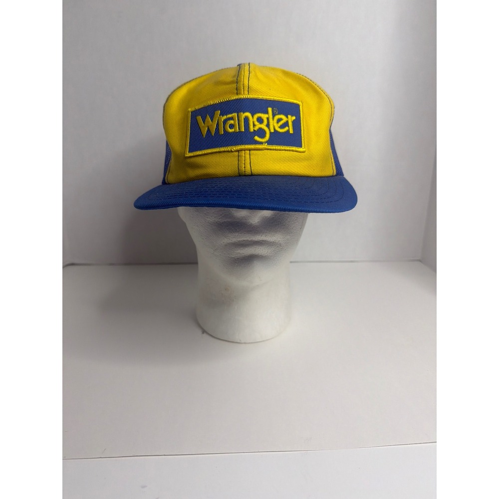 Vintage‎ Wrangler Trucker Hat Blue Yellow Mesh Snapback Patch Cap Mens OSFM